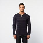 Long-Sleeve Henley // Navy + Grey Stripe (M)