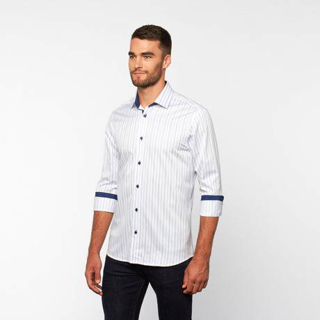 Striped Button-Up Shirt // White + Light Blue (S)