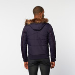 Timeout // Quilted Fur Trimmed Bomber Jacket // Navy (M)