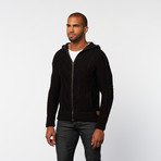 Hooded Cable Knit Zip-Up Sweater // Black (L)