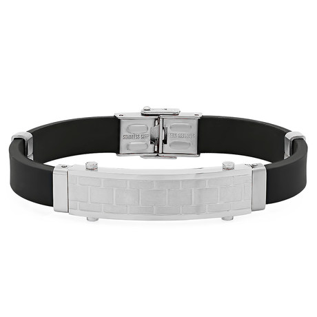 Rubber and Silver Toned Brick Bracelet // Black + Metallic