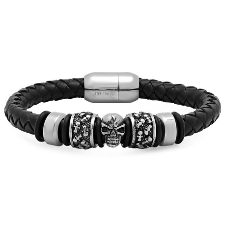 Leather Skull Bracelet // Black + Silver