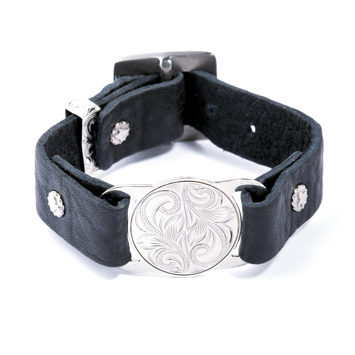 Silver Round Plate Leather Bracelet (Size 8