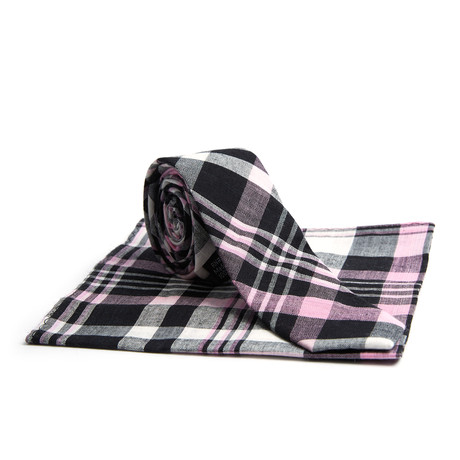 Plaid Skinny Tie + Pocket Square // Pink + Black