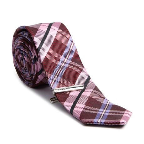 Plaid Skinny Tie + Tie Clip // Burgundy