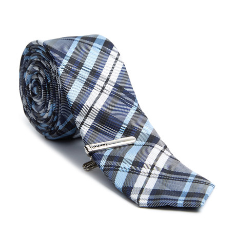 Plaid Skinny Tie + Tie Clip // Navy + Blue