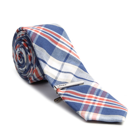 Plaid Skinny Tie + Tie Clip // Navy + Orange