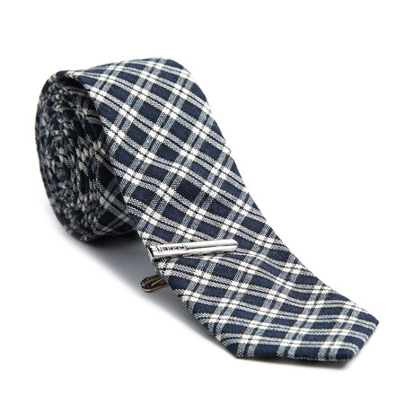 Microplaid Skinny Tie + Tie Clip // Navy + Cream