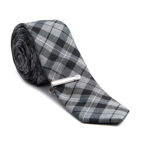 Plaid Skinny Tie + Tie Clip // Charcoal + Black