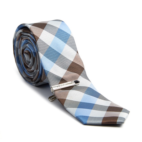 Checkered Skinny Tie + Tie Clip // Grey + Blue