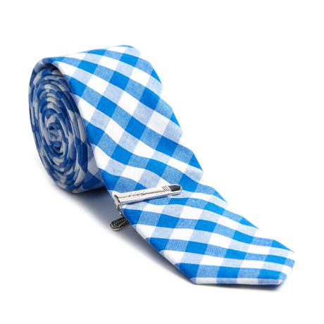 Checkered Skinny Tie + Tie Clip // Blue + White