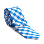 Checkered Skinny Tie + Tie Clip // Blue + White