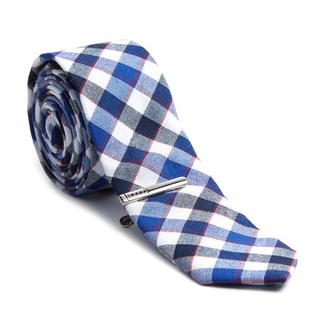 Checkered Skinny Tie + Tie Clip // Blue + Black