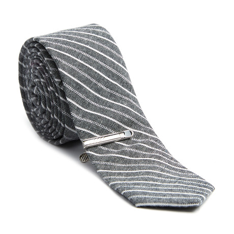 Striped Skinny Tie + Tie Clip // Brushed Charcoal