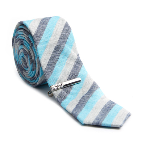 Wide Striped Skinny Tie + Tie Clip // Grey + Blue