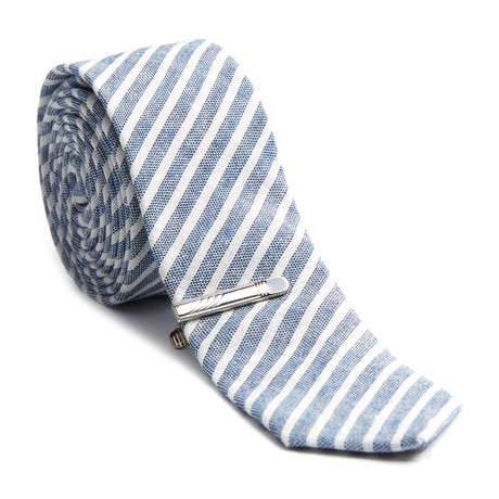 Striped Skinny Tie + Tie Clip // Brushed Navy