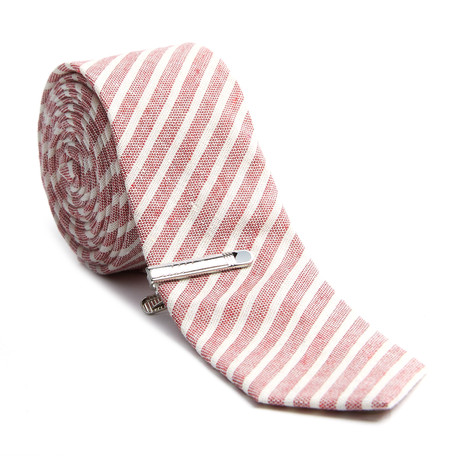 Striped Skinny Tie + Tie Clip // Brushed Burgundy