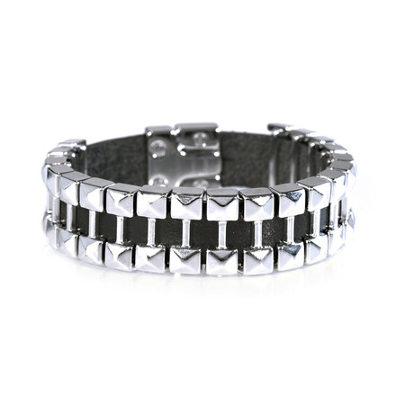 Black Leather Bracelet // Metal Pin Design (Size 8)