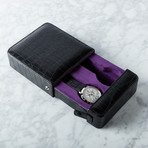 Travel Dual Watch Box // Black Leather + Purple Suede