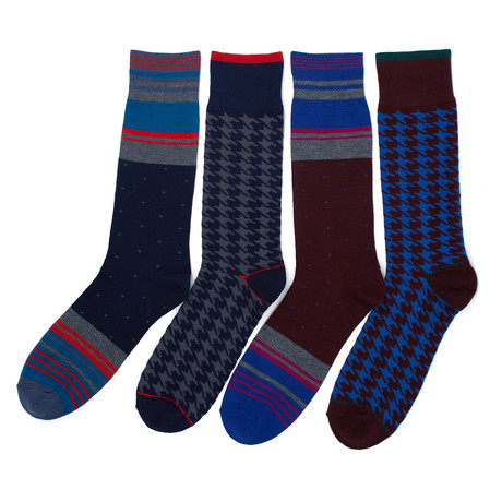 Florsheim Modern Collection // Houndstooth + Colorblock Dot Sock // Wine + Navy // Pack of 4