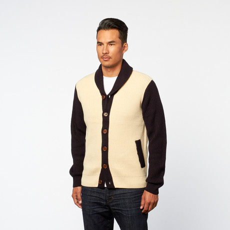 Button Up Shawl Collar Cardigan // Off White + Navy (S)