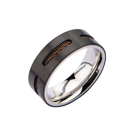 Stainless Steel Cable Window Inlay Ring // Black + Brown (Size 11)