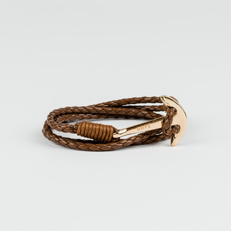 Multi-Layer Light Brown Cable-Wire Leather Rope Bracelet // Gold Navy Anchor Hook [Hope]