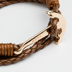 Multi-Layer Light Brown Cable-Wire Leather Rope Bracelet // Gold Navy Anchor Hook [Hope]