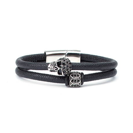 Mersin Skull Pebbled Leather Cord Bracelet // Black