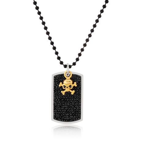 Stainless Steel Crystal Dog Tag Pendant // Gold Skull