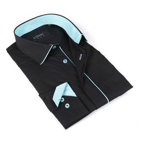 Coogi // Button-Up Shirt + Teal Contrast Detail // Jet Black (S)