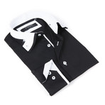 Button-Down Shirt + Stripe Contrast Detail // Jet Black (M(NECK:15.5"-16"))