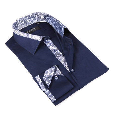 Button-Up Shirt + Paisley Detail // Deep Navy (S(NECK:14.5"-15"))