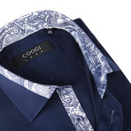 Button-Up Shirt + Paisley Detail // Deep Navy (S(NECK:14.5"-15"))