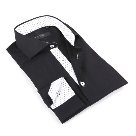 Button-Up Shirt + Contrast Polka Dot Detail // Jet Black (S(NECK:14.5"-15"))