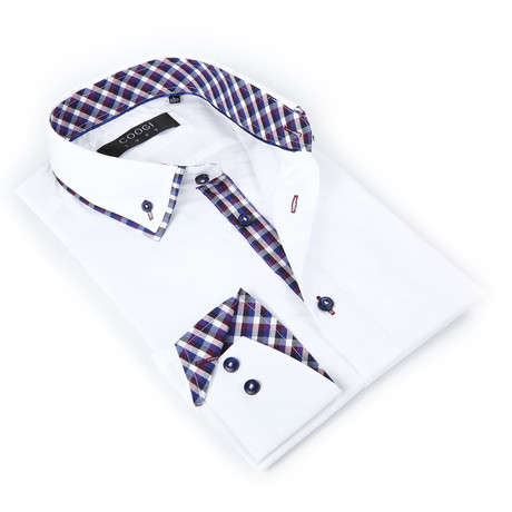 Button-Up Shirt + Plaid Detail // White (S(NECK:14.5"-15"))