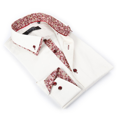 Button-Up Shirt + Mini Floral Detail // White (S(NECK:14.5"-15"))