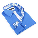 Button-Up Shirt + Floral Detail // Bright Blue (L(NECK:16.5"-17"))