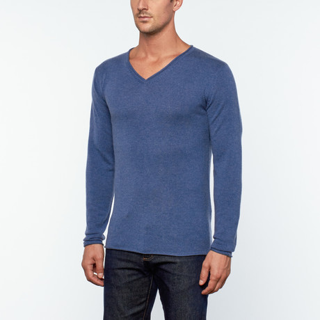 Wool + Cashmere Rolled Edge V-Neck Sweater // Deep Blue (S)