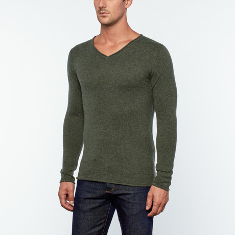 Wool + Cashmere Rolled Edge V-Neck Sweater // Khaki (S)