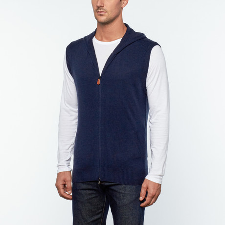 Wool + Cashmere Hooded Zip-Up Vest // Navy Blue (XL)