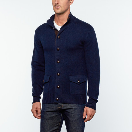 Messi Cashmere + Leather Button-Up Cardigan // Navy Blue (S)