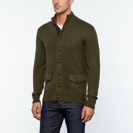 Messi Cashmere + Leather Button-Up Cardigan // Khaki (S)