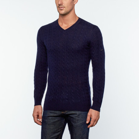 Amerigo Cashmere + Silk Blend Cable Knit Sweater // Navy Blue (S)