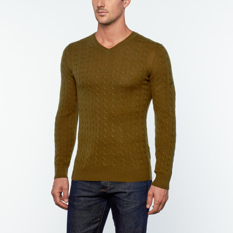 Amerigo Cashmere + Silk Blend Cable Knit Sweater // Khaki (S)