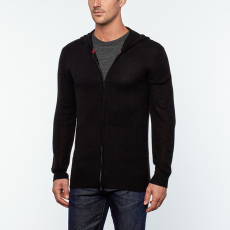 Amerigo Cashmere + Silk Blend Hooded Zip-Up Sweater // Black (S)