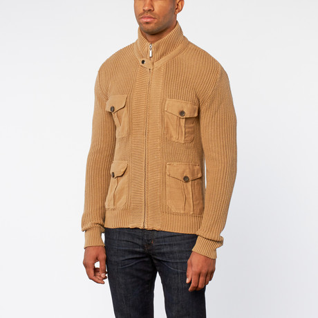 Four Pocket Zip Up Knit Sweater // Khaki (S)