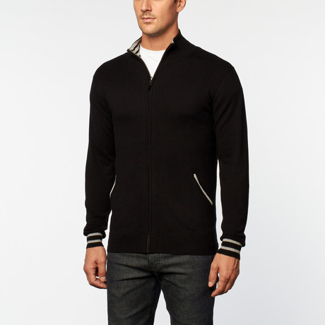 Cashmere Cotton Mock Neck Zip Jacket // Black (S)