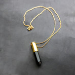 Black Agate & 24k Plated Brass Bullet Pendant + Chain