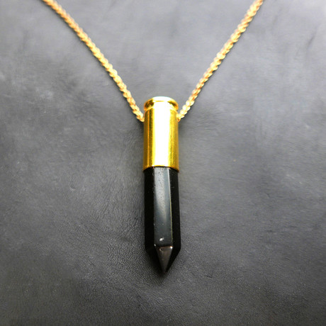 Black Agate & 24k Plated Brass Bullet Pendant + Chain